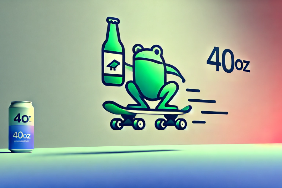 skateboard frog with a 40oz birdhouse